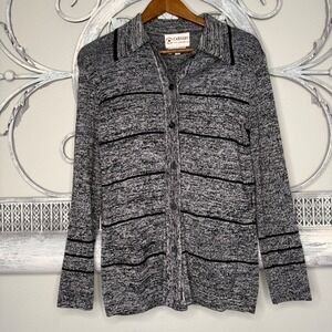Vintage Carnaby Knit Fashions Grey Marled Striped Wool Blend Cardigan Size 14